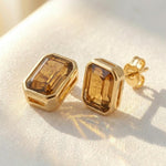 Load image into Gallery viewer, Smoky Quartz Emerald Cut Stud Earrings | Gold Bezel Solitaire Studs | Minimalist Gemstone Earrings For Women | Anniversary Gift For Her