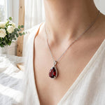 Load image into Gallery viewer, Red Garnet Pendant Necklace | Pear Cut Halo Pendant | 925 Sterling Silver | Garnet Jewelry | January Birthstone Gift | Statement Necklace