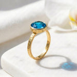 Load image into Gallery viewer, Round Opal Emerald Ring | Bezel Set Solitaire Ring | Hammered Band Statement Ring | Birthstones Ring | Birthday Gift For Her