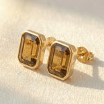 Load image into Gallery viewer, Smoky Quartz Emerald Cut Stud Earrings | Gold Bezel Solitaire Studs | Minimalist Gemstone Earrings For Women | Anniversary Gift For Her