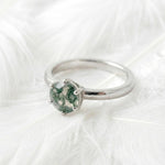 Load image into Gallery viewer, Moss Agate Ring 925 Sterling Silver | Round Rose Cut Solitaire | Hammered Band Promise Ring | Nature Engagement Ring Gift For Her