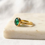 Load image into Gallery viewer, Round Opal Emerald Ring | Bezel Set Solitaire Ring | Hammered Band Statement Ring | Birthstones Ring | Birthday Gift For Her