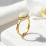 Load image into Gallery viewer, Round Opal Emerald Ring | Bezel Set Solitaire Ring | Hammered Band Statement Ring | Birthstones Ring | Birthday Gift For Her