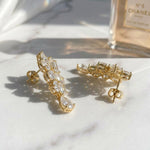 Load image into Gallery viewer, Moissanite Cluster Drop Earrings | Emerald Marquise Pear Cut Floral Statement Earrings | 18k Gold Plated 925 Silver | Bridal Wedding Dangle