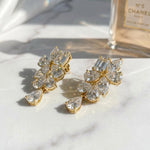 Load image into Gallery viewer, Moissanite Cluster Drop Earrings | Emerald Marquise Pear Cut Floral Statement Earrings | 18k Gold Plated 925 Silver | Bridal Wedding Dangle