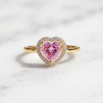 Load image into Gallery viewer, Pink Heart Halo Ring | Heart Cut CZ Stone Ring | 18K Gold Plated 925 Silver | Diamond Halo Engagement Ring | Promise Ring For Her