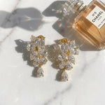 Load image into Gallery viewer, Moissanite Cluster Drop Earrings | Emerald Marquise Pear Cut Floral Statement Earrings | 18k Gold Plated 925 Silver | Bridal Wedding Dangle