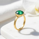 Load image into Gallery viewer, Round Opal Emerald Ring | Bezel Set Solitaire Ring | Hammered Band Statement Ring | Birthstones Ring | Birthday Gift For Her