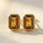 Load image into Gallery viewer, Smoky Quartz Emerald Cut Stud Earrings | Gold Bezel Solitaire Studs | Minimalist Gemstone Earrings For Women | Anniversary Gift For Her