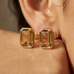 Load image into Gallery viewer, Smoky Quartz Emerald Cut Stud Earrings | Gold Bezel Solitaire Studs | Minimalist Gemstone Earrings For Women | Anniversary Gift For Her