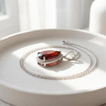 Load image into Gallery viewer, Red Garnet Pendant Necklace | Pear Cut Halo Pendant | 925 Sterling Silver | Garnet Jewelry | January Birthstone Gift | Statement Necklace