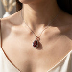 Load image into Gallery viewer, Red Garnet Pendant Necklace | Pear Cut Halo Pendant | 925 Sterling Silver | Garnet Jewelry | January Birthstone Gift | Statement Necklace