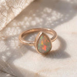 Load image into Gallery viewer, Natural Fire Opal Ring | Pear Cut Opal Bezel Ring Sterling Silver | Rose Gold Plated Ring | Engagement Ring | Boho Opal Ring
