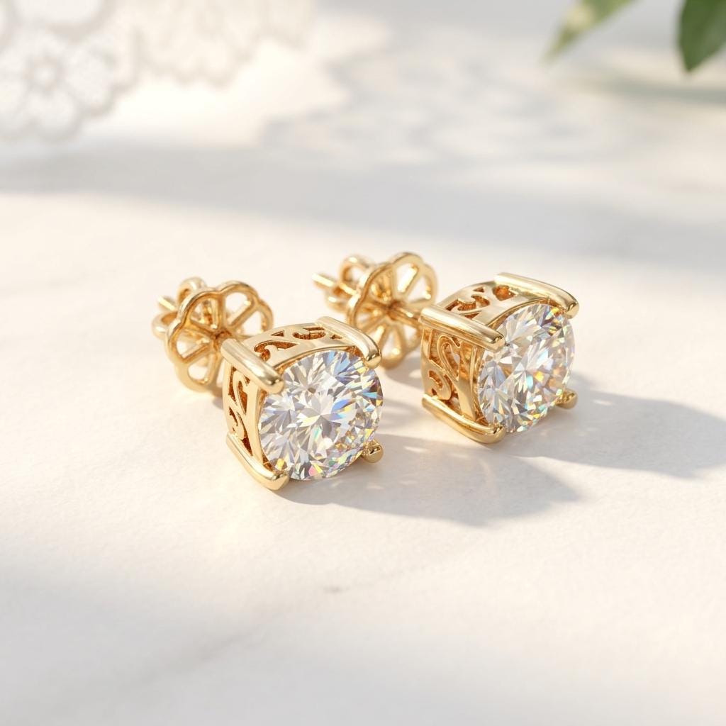Moissanite Stud Earrings Gold | Round Brilliant Filigree Basket Setting | 18k Gold Plated 925 Silver | Bridal Earrings | Gift For Her