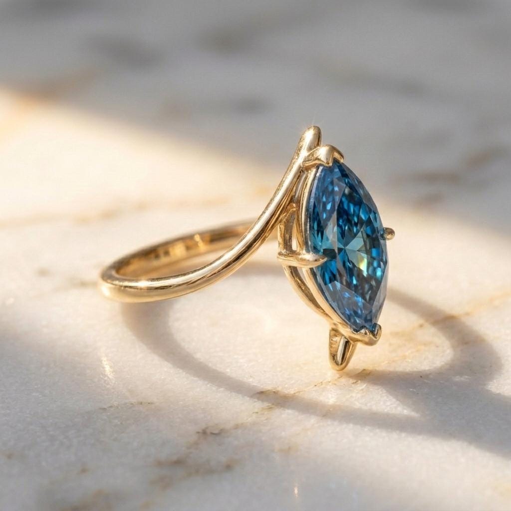 Blue Topaz Marquise Solitaire Ring | 14k Gold Marquise Engagement Ring | 10x5mm Stone | Unique Curved Bypass Promise Ring | Promise Gift