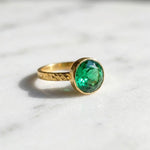 Load image into Gallery viewer, Round green Emerald Ring | Bezel Set Solitaire Ring | Hammered Band Statement Ring | May Birthstone Ring | Gift For Her