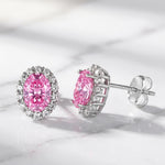 Load image into Gallery viewer, Pink Moissanite Stud Earrings | Oval Halo Earrings | 925 Sterling Silver | Pink Gemstone Studs | Moissanite Jewelry | Anniversary Gift Her