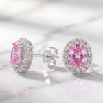 Load image into Gallery viewer, Pink Moissanite Stud Earrings | Oval Halo Earrings | 925 Sterling Silver | Pink Gemstone Studs | Moissanite Jewelry | Anniversary Gift Her