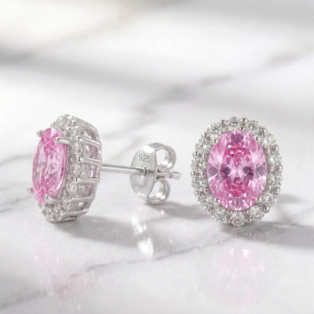 Pink Moissanite Stud Earrings | Oval Halo Earrings | 925 Sterling Silver | Pink Gemstone Studs | Moissanite Jewelry | Anniversary Gift Her