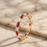 Load image into Gallery viewer, Ruby Moissanite Eternity Band Ring | Marquise Round Alternating Wedding Band | 18k Gold Plated 925 Silver | Stacking Bridal Anniversary Ring