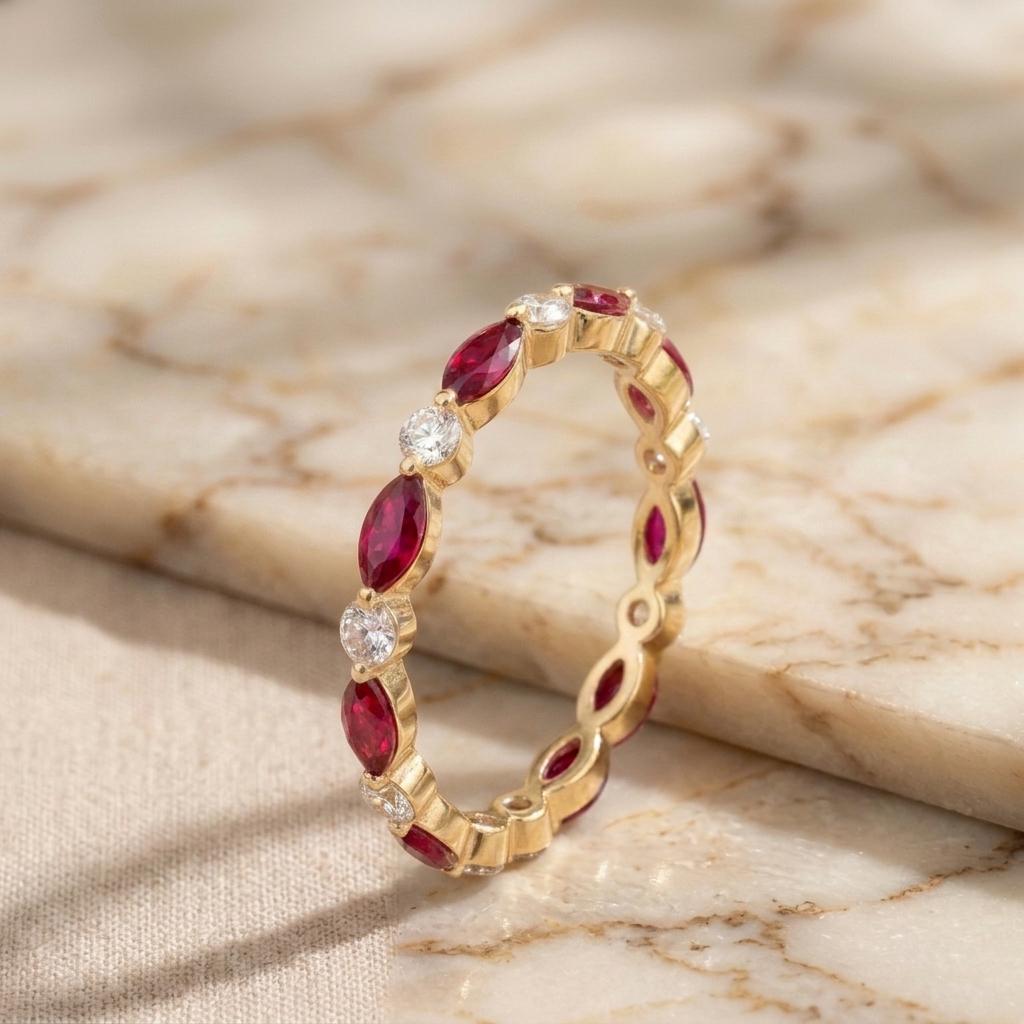 Ruby Moissanite Eternity Band Ring | Marquise Round Alternating Wedding Band | 18k Gold Plated 925 Silver | Stacking Bridal Anniversary Ring