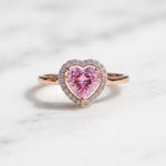 Load image into Gallery viewer, Pink Heart Halo Ring | Heart Cut CZ Stone Ring | 18K Gold Plated 925 Silver | Diamond Halo Engagement Ring | Promise Ring For Her