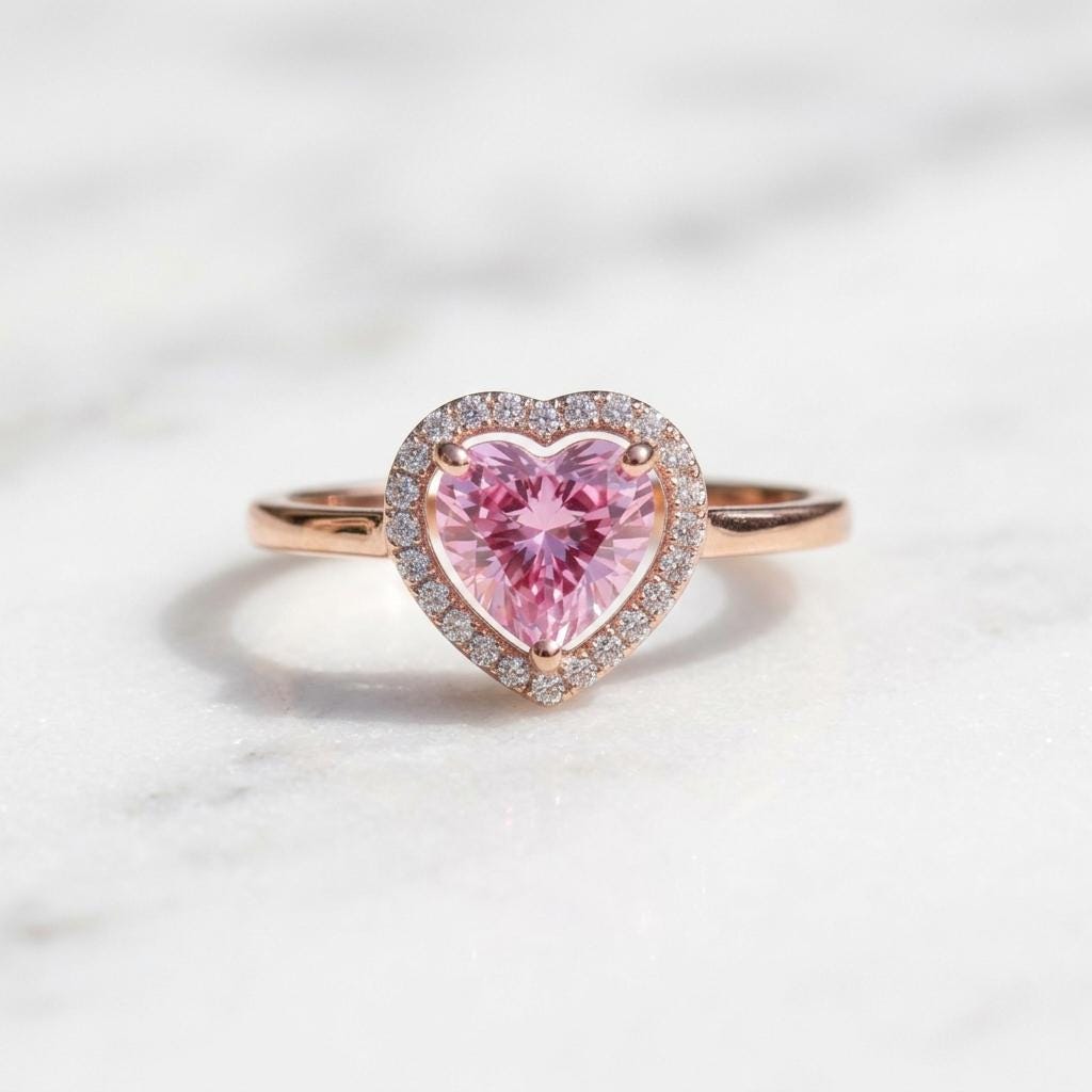 Pink Heart Halo Ring | Heart Cut CZ Stone Ring | 18K Gold Plated 925 Silver | Diamond Halo Engagement Ring | Promise Ring For Her