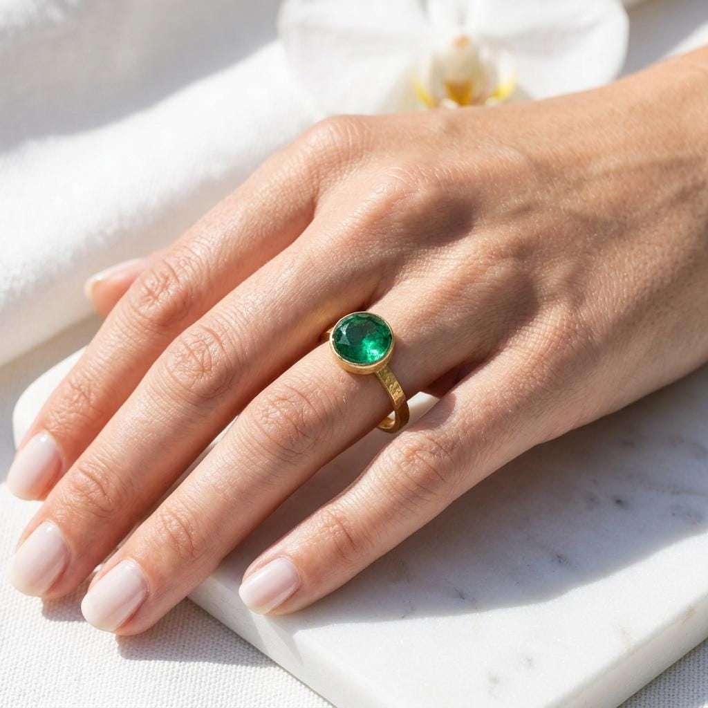 Round green Emerald Ring | Bezel Set Solitaire Ring | Hammered Band Statement Ring | May Birthstone Ring | Gift For Her