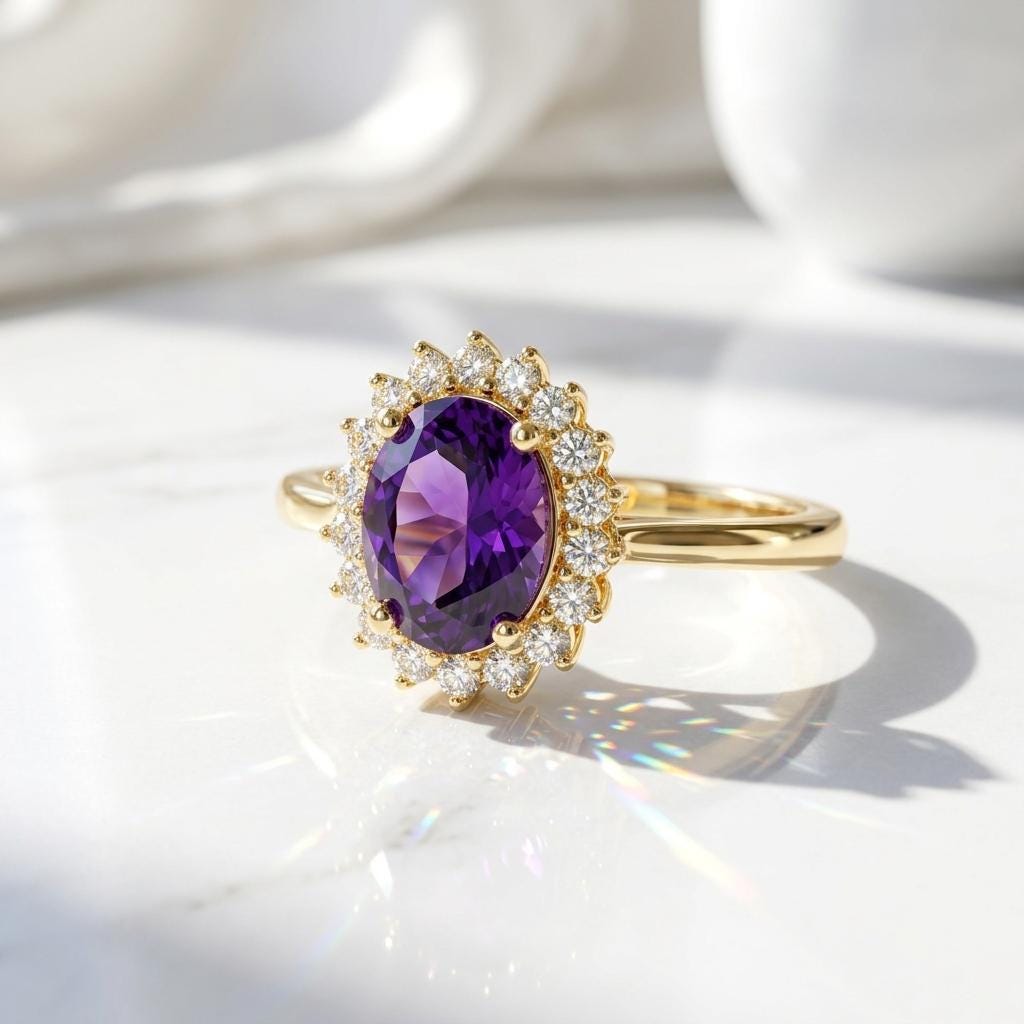 Oval Amethyst Halo Ring | 925 Silver Gold Plated | February Birthstone | Cluster Ring | Amethyst Engagement Ring | Gift For Wife