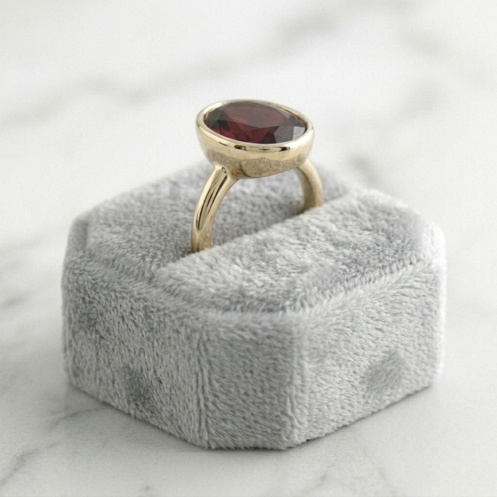 Oval Garnet Solitaire Ring 925 Silver Gold Plated | Bezel Set Red Gemstone Ring | January Birthstone Gift | Minimalist Statement Ring