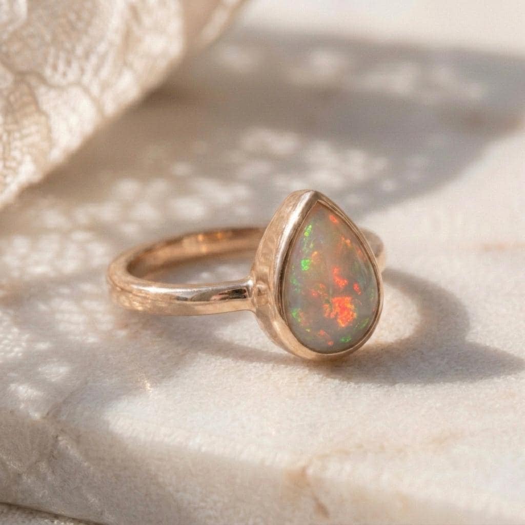 Natural Fire Opal Ring | Pear Cut Opal Bezel Ring Sterling Silver | Rose Gold Plated Ring | Engagement Ring | Boho Opal Ring