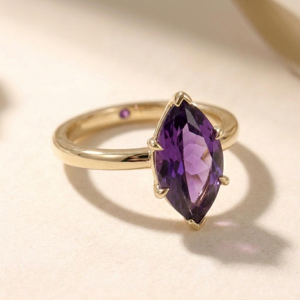 Marquise Amethyst Ring | 18k Gold Plated 925 Silver | Purple Gemstone Prong Setting Engagement Ring | Handmade Statement Ring For Women