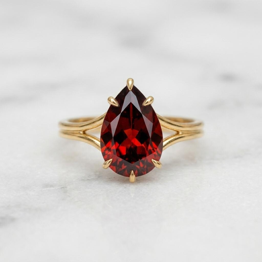 Pear Cut Red Garnet Split Shank Solitaire Ring