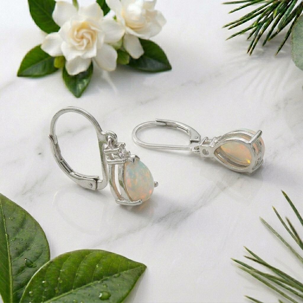 925 Sterling Silver Pear White Natural Opal Lever Back Drop Earrings | CZ Accent  | October Birthstone | Gift For Her | Boho Bridal Earrings