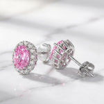 Load image into Gallery viewer, Pink Moissanite Stud Earrings | Oval Halo Earrings | 925 Sterling Silver | Pink Gemstone Studs | Moissanite Jewelry | Anniversary Gift Her