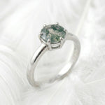 Load image into Gallery viewer, Moss Agate Ring 925 Sterling Silver | Round Rose Cut Solitaire | Hammered Band Promise Ring | Nature Engagement Ring Gift For Her