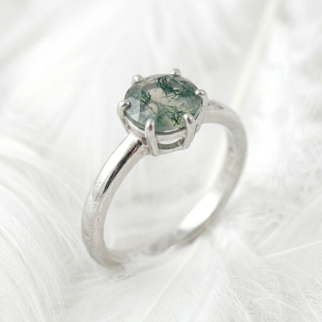 Moss Agate Ring 925 Sterling Silver | Round Rose Cut Solitaire | Hammered Band Promise Ring | Nature Engagement Ring Gift For Her
