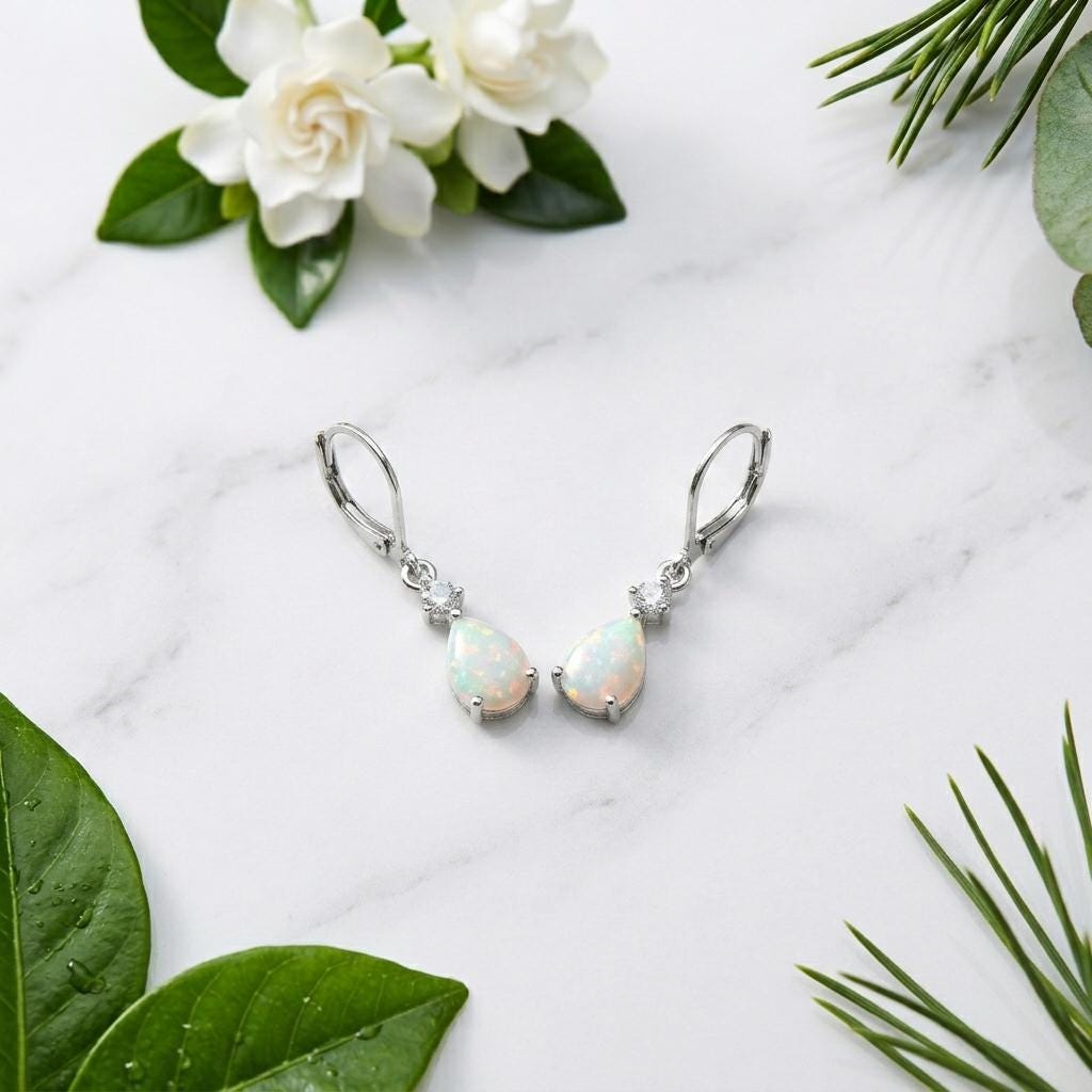 925 Sterling Silver Pear White Natural Opal Lever Back Drop Earrings | CZ Accent  | October Birthstone | Gift For Her | Boho Bridal Earrings