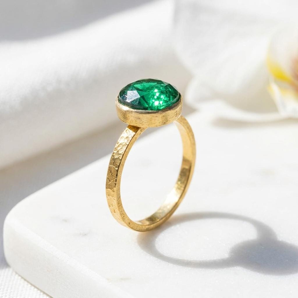 Round green Emerald Ring | Bezel Set Solitaire Ring | Hammered Band Statement Ring | May Birthstone Ring | Gift For Her