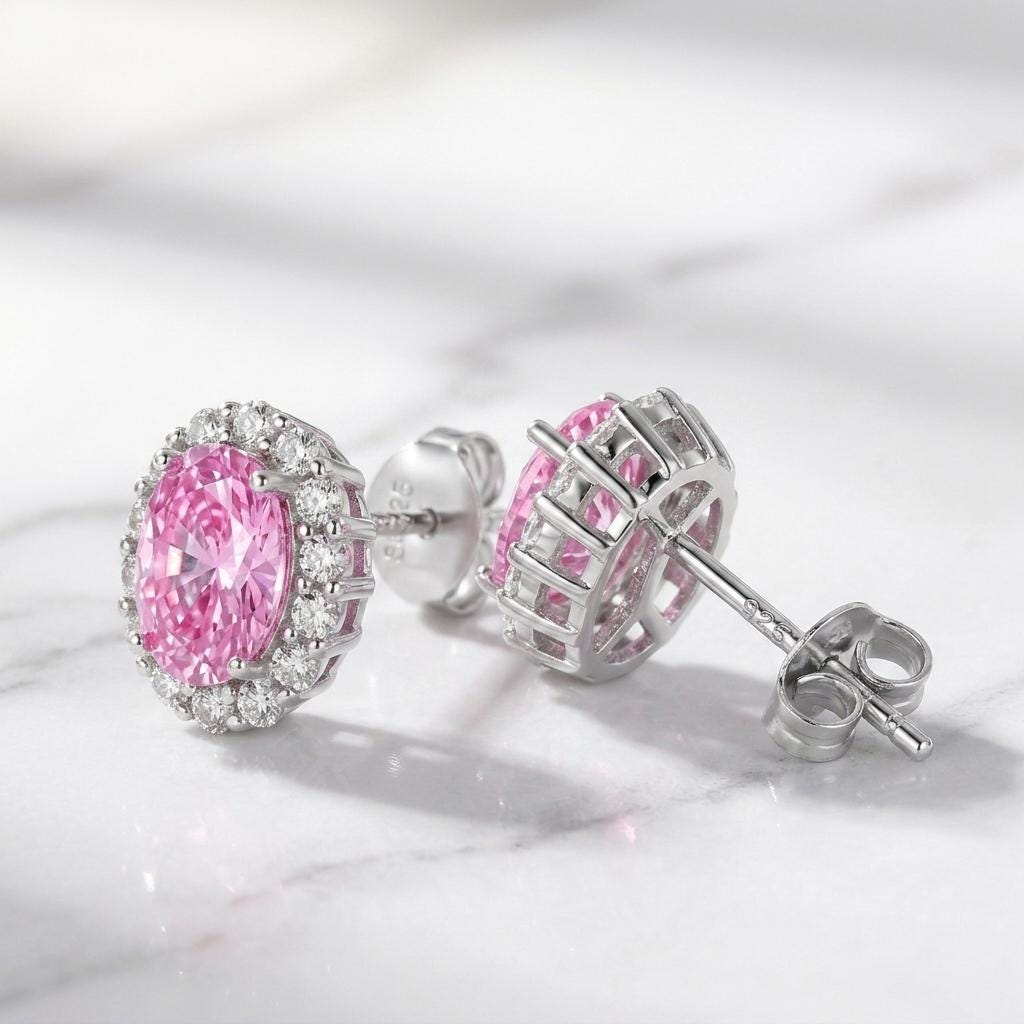 Pink Moissanite Stud Earrings | Oval Halo Earrings | 925 Sterling Silver | Pink Gemstone Studs | Moissanite Jewelry | Anniversary Gift Her