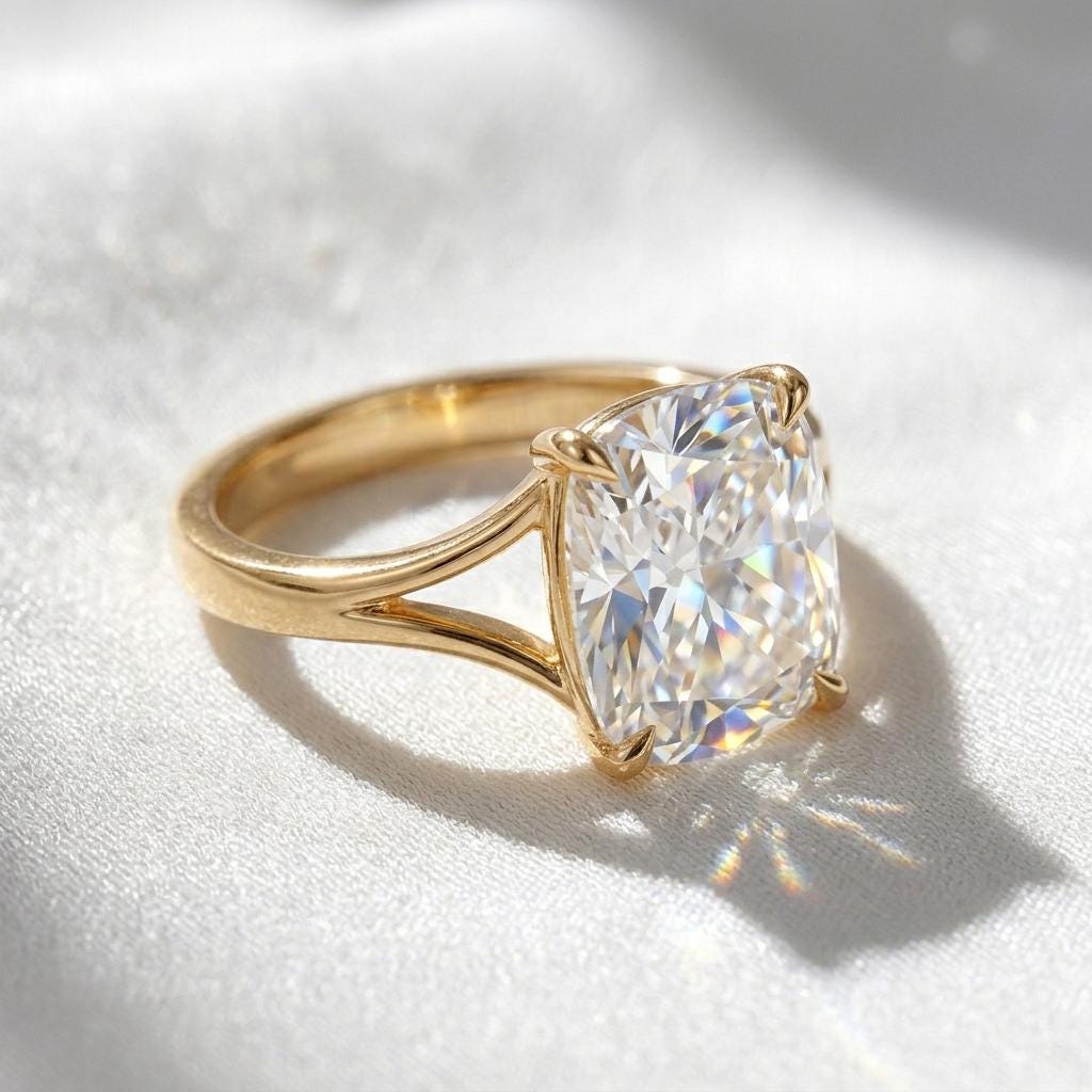 Cushion Cut Moissanite Ring | 18K Gold Plated Solitaire Engagement Ring | Split Shank 4 Prong | Diamond Alternative Ring | Gift For Women