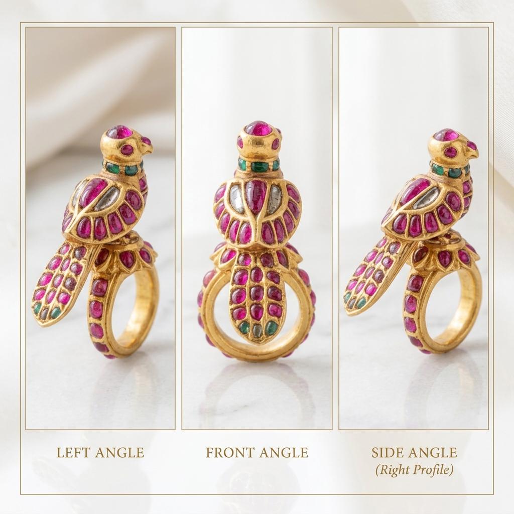 Handcrafted Mughal Parrot Ring | Ruby & Emerald 925 Sterling Silver Statement Jewelry