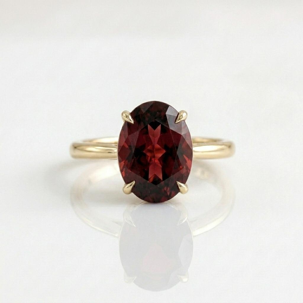 Elegant Oval Garnet Ring, 14K Gold Plated 925 Sterling Silver, January Birthstone Engagement Ring