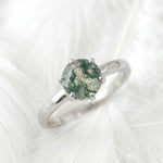 Load image into Gallery viewer, Moss Agate Ring 925 Sterling Silver | Round Rose Cut Solitaire | Hammered Band Promise Ring | Nature Engagement Ring Gift For Her