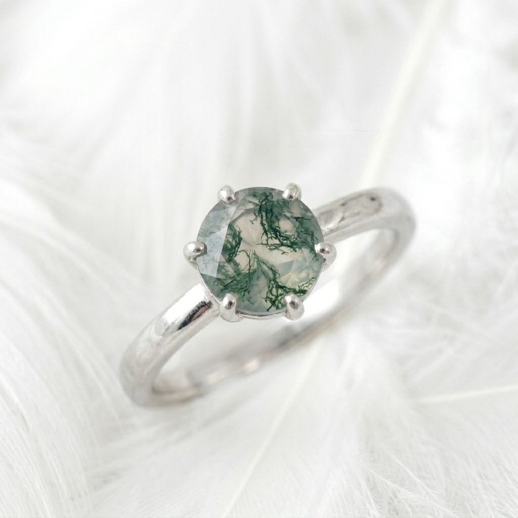 Moss Agate Ring 925 Sterling Silver | Round Rose Cut Solitaire | Hammered Band Promise Ring | Nature Engagement Ring Gift For Her