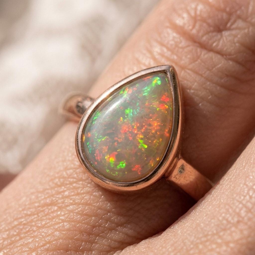 Natural Fire Opal Ring | Pear Cut Opal Bezel Ring Sterling Silver | Rose Gold Plated Ring | Engagement Ring | Boho Opal Ring