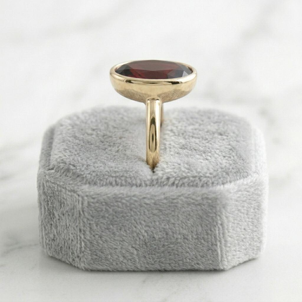 Oval Garnet Solitaire Ring 925 Silver Gold Plated | Bezel Set Red Gemstone Ring | January Birthstone Gift | Minimalist Statement Ring