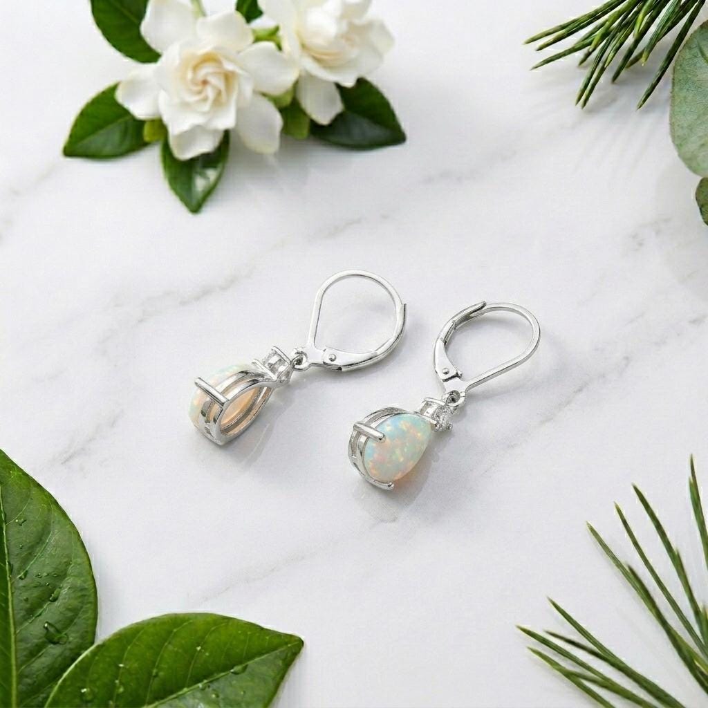 925 Sterling Silver Pear White Natural Opal Lever Back Drop Earrings | CZ Accent  | October Birthstone | Gift For Her | Boho Bridal Earrings