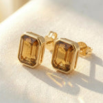 Load image into Gallery viewer, Smoky Quartz Emerald Cut Stud Earrings | Gold Bezel Solitaire Studs | Minimalist Gemstone Earrings For Women | Anniversary Gift For Her