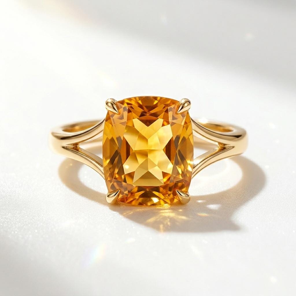 Cushion Cut Citrine Solitaire Ring | Split Shank Gold Ring | November Birthstone | Statement Cocktail Ring | Gemstone Ring For Women Gift